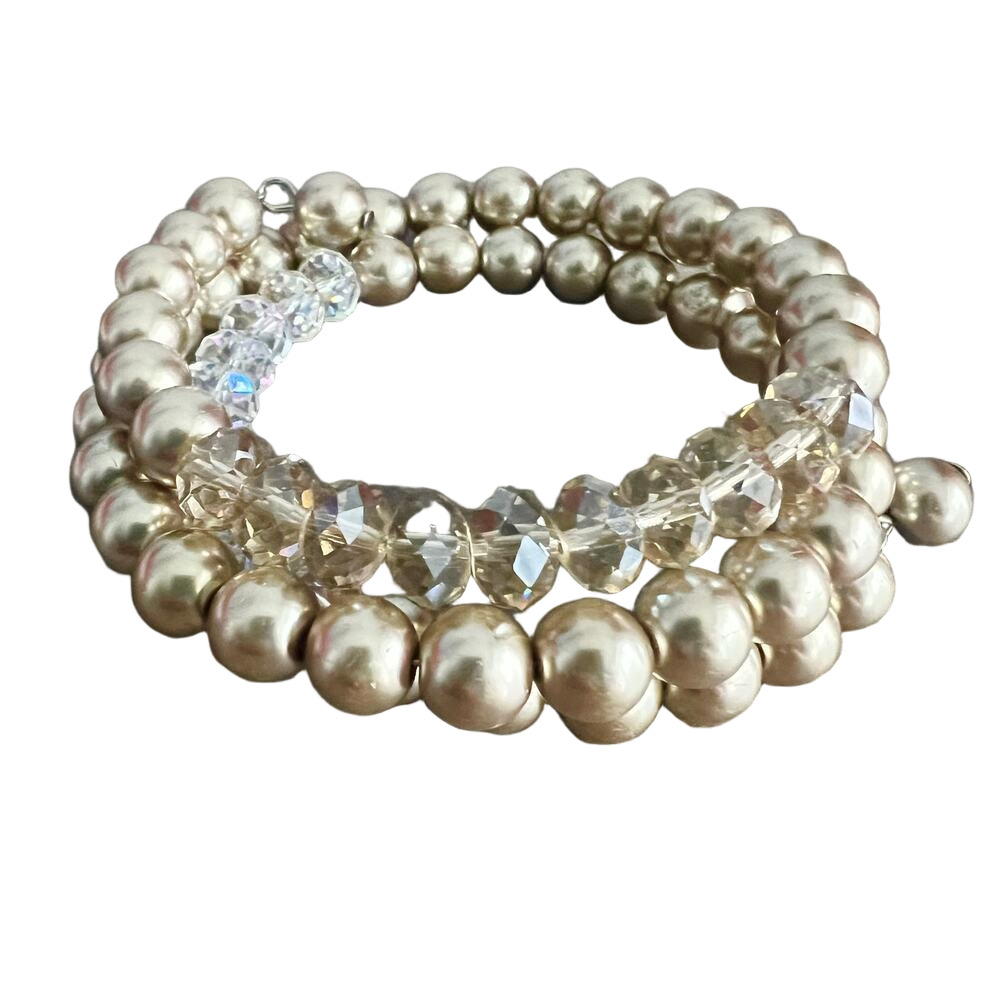 Multilayer Gold Tone Faux Pearl and Clear Beaded Wrap Bracelet